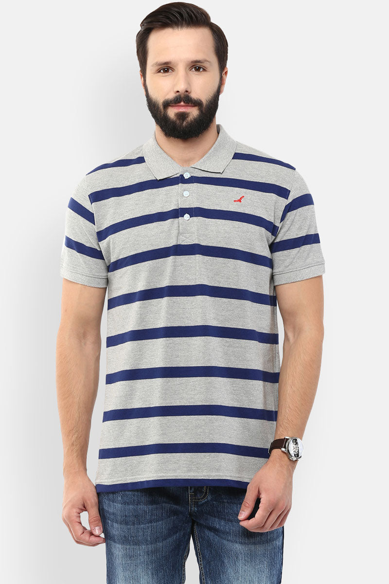 Men's Polo Collar Striped T-Shirt - Grey Melange & Navy Blue