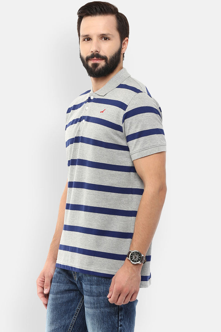 Men's Polo Collar Striped T-Shirt - Grey Melange & Navy Blue