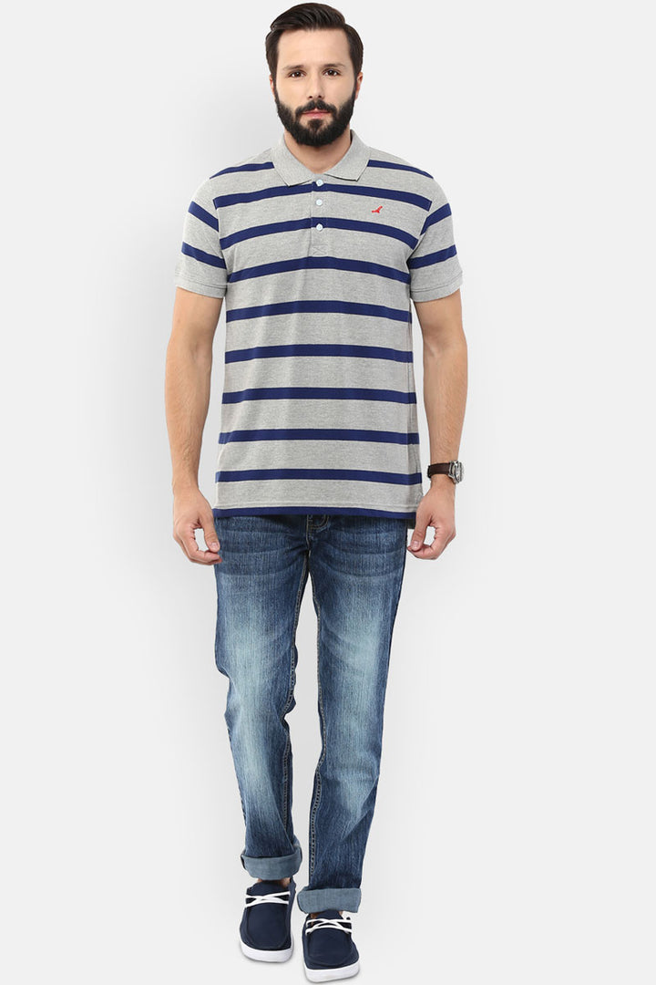 Men's Polo Collar Striped T-Shirt - Grey Melange & Navy Blue