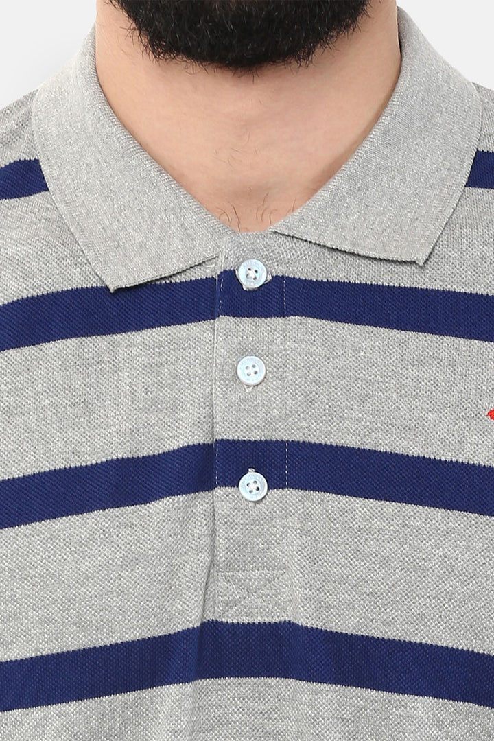 Men's Polo Collar Striped T-Shirt - Grey Melange & Navy Blue