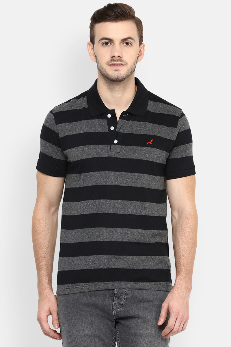 Men's Polo Collar Yarn Dyed Striped T-Shirt - Black / Charcoal