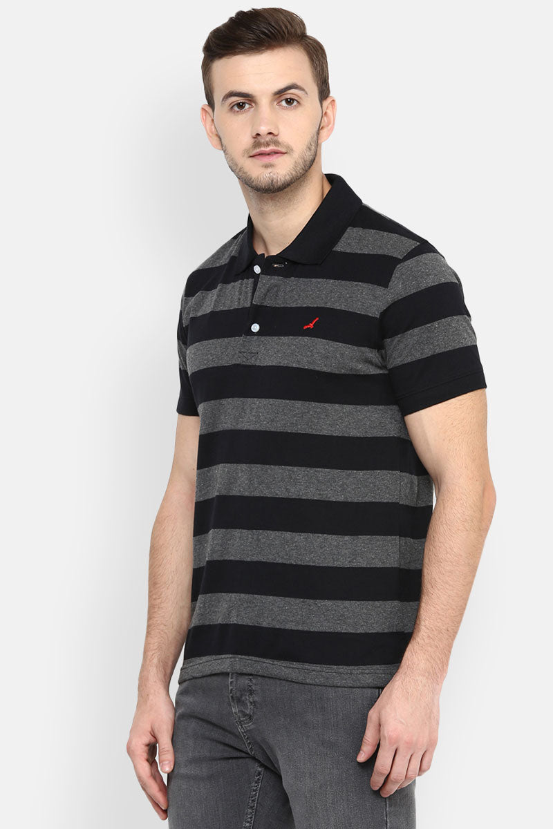 Men's Polo Collar Yarn Dyed Striped T-Shirt - Black / Charcoal