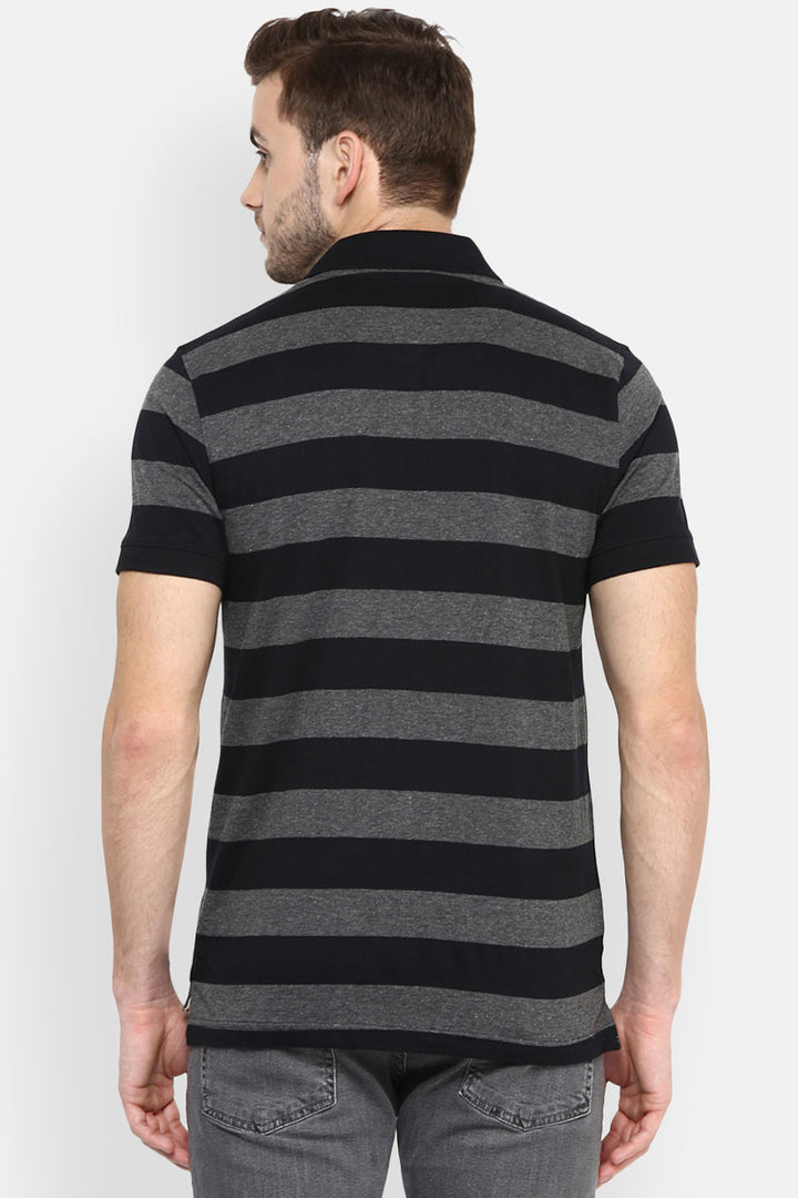 Men's Polo Collar Yarn Dyed Striped T-Shirt - Black / Charcoal