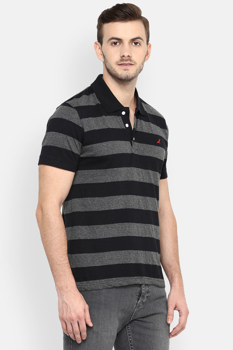 Men's Polo Collar Yarn Dyed Striped T-Shirt - Black / Charcoal