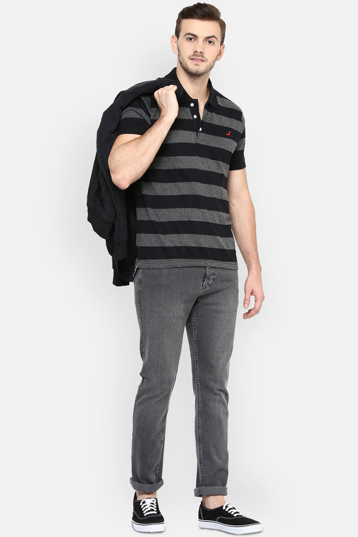 Men's Polo Collar Yarn Dyed Striped T-Shirt - Black / Charcoal