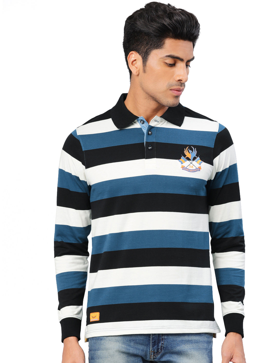 Men's Polo Collar Full Sleeves Yarn Dyed Striped T-Shirt - Black / Blue / White