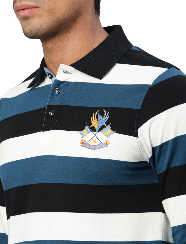 Men's Polo Collar Full Sleeves Yarn Dyed Striped T-Shirt - Black / Blue / White