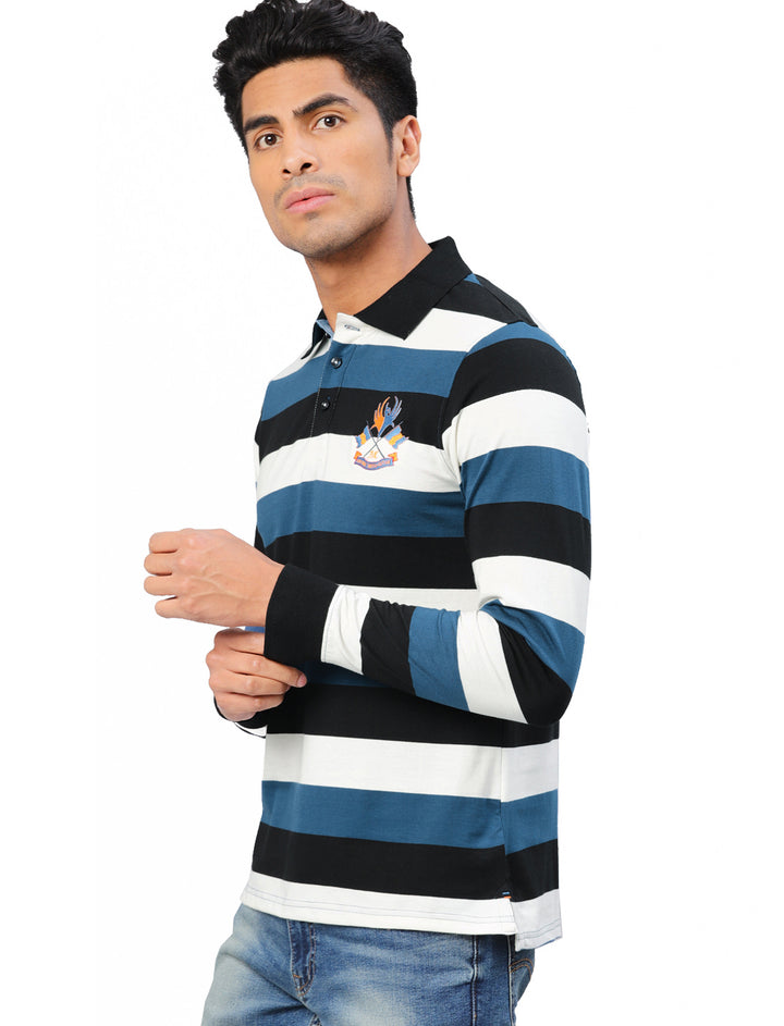 Men's Polo Collar Full Sleeves Yarn Dyed Striped T-Shirt - Black / Blue / White