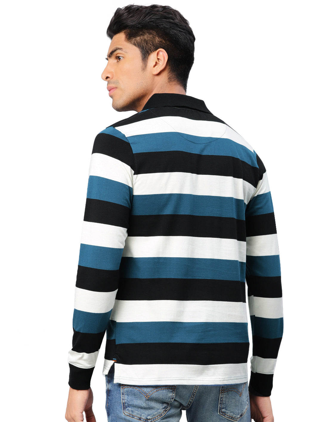 Men's Polo Collar Full Sleeves Yarn Dyed Striped T-Shirt - Black / Blue / White