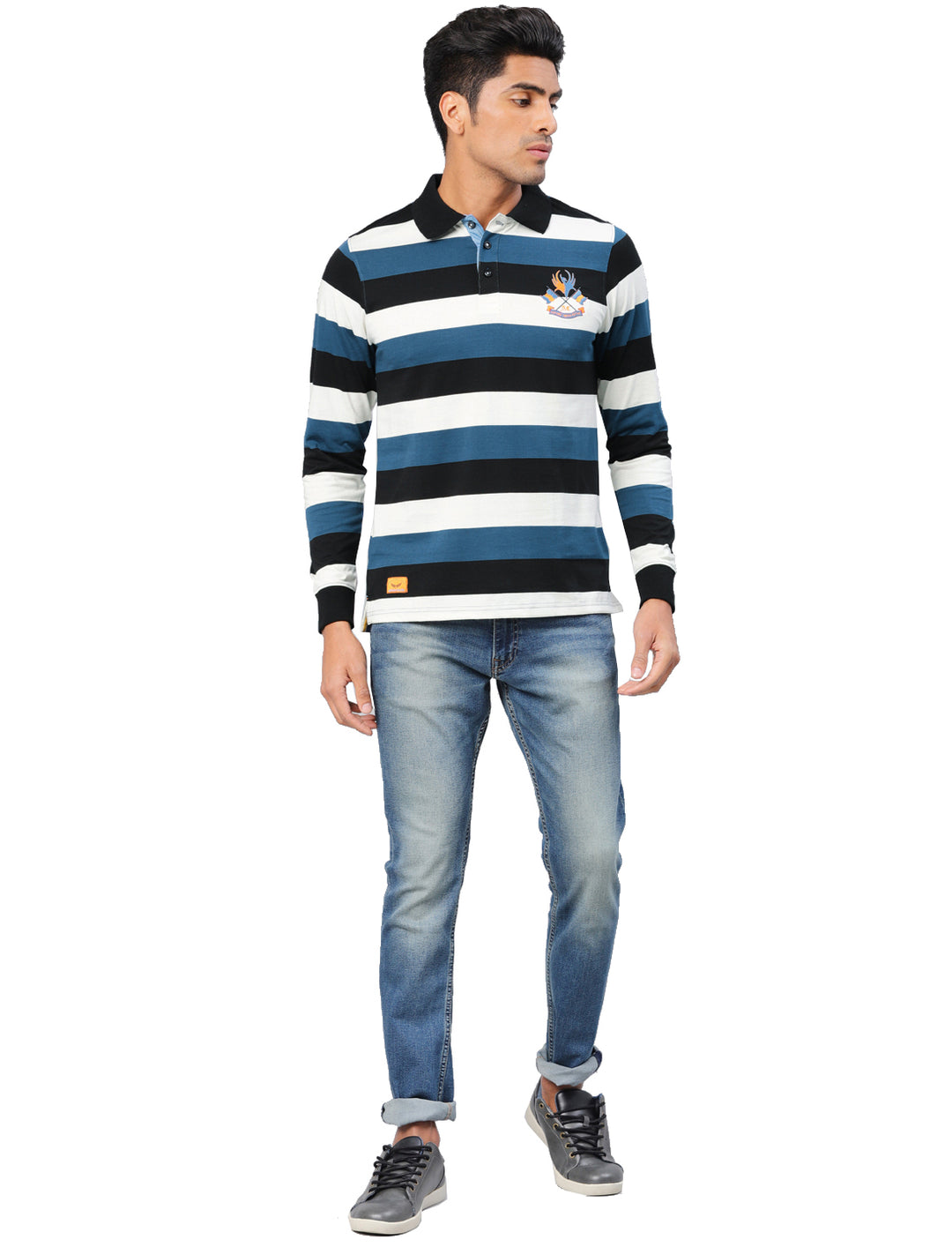 Men's Polo Collar Full Sleeves Yarn Dyed Striped T-Shirt - Black / Blue / White