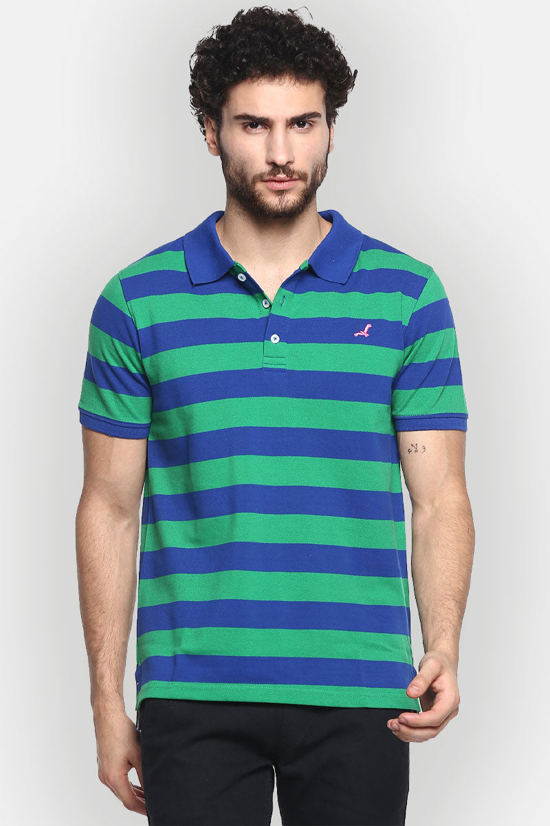 Men's Polo Collar Striped T-Shirt - Green & Blue Yarn Dyed Stripes