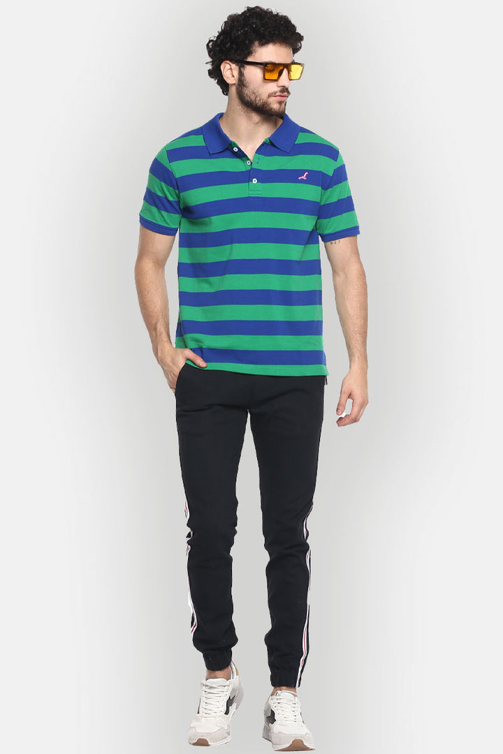 Men's Polo Collar Striped T-Shirt - Green & Blue Yarn Dyed Stripes