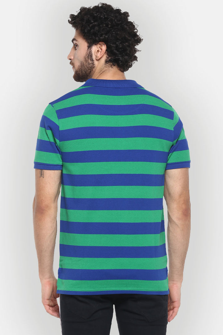 Men's Polo Collar Striped T-Shirt - Green & Blue Yarn Dyed Stripes