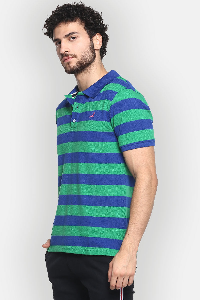 Men's Polo Collar Striped T-Shirt - Green & Blue Yarn Dyed Stripes