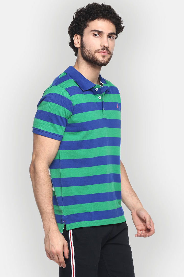 Men's Polo Collar Striped T-Shirt - Green & Blue Yarn Dyed Stripes