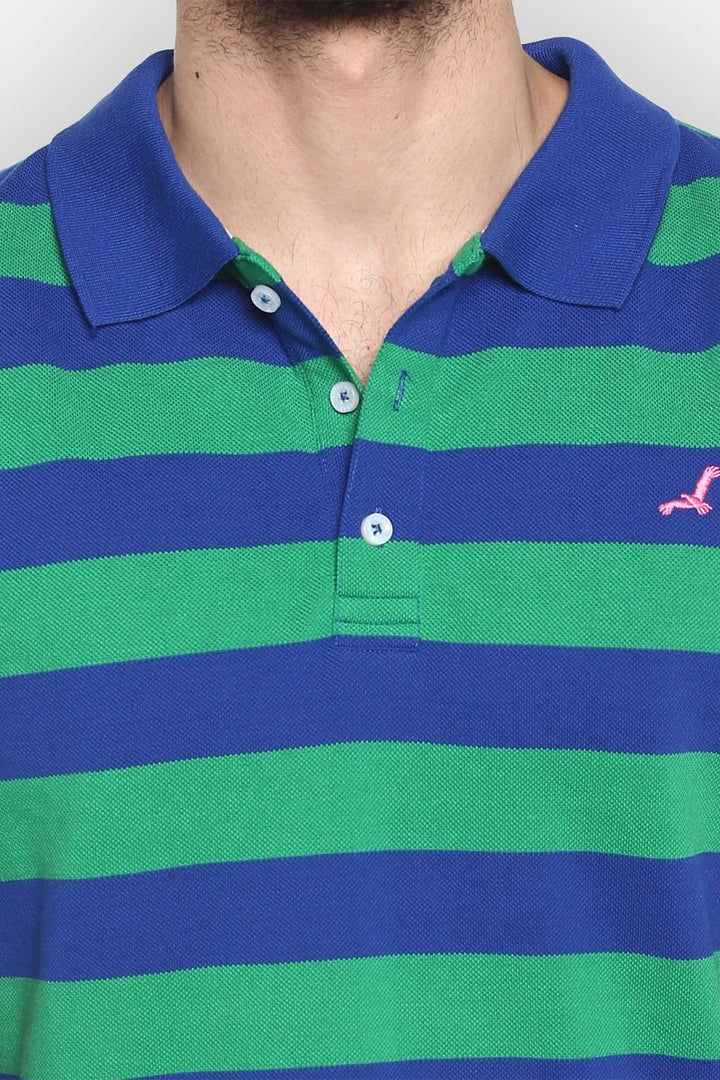 Men's Polo Collar Striped T-Shirt - Green & Blue Yarn Dyed Stripes