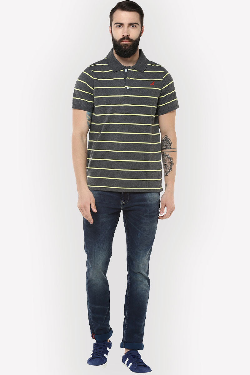 Men's Polo Collar Yarn Dyed Striped T-Shirt - Light Green & Charcoal Melange