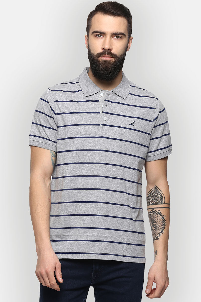 Men's Polo Collar Striped T-Shirt - Grey Melange & Navy Blue