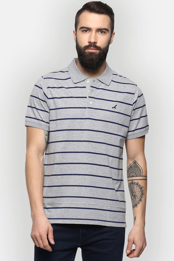 Men's Polo Collar Striped T-Shirt - Grey Melange & Navy Blue