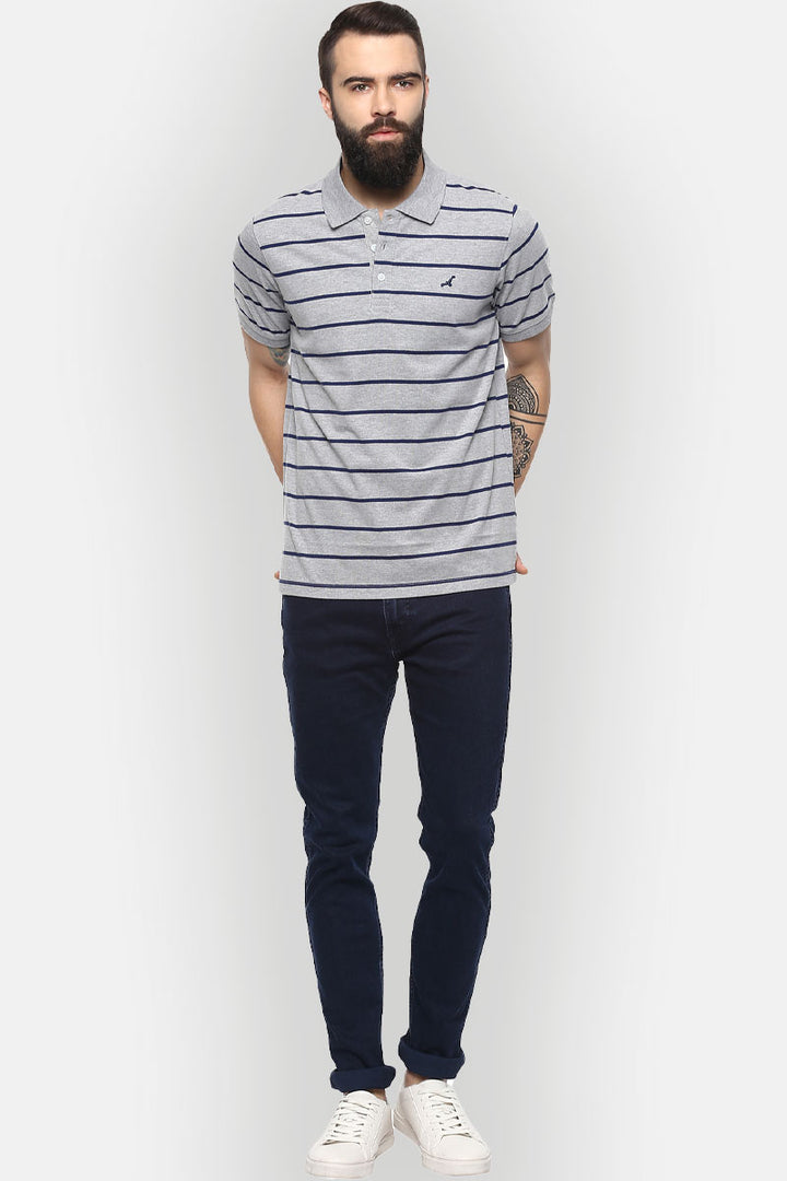 Men's Polo Collar Striped T-Shirt - Grey Melange & Navy Blue