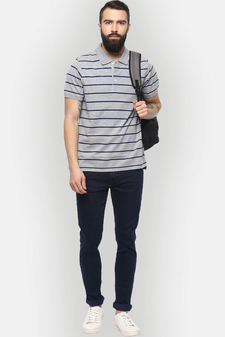 Men's Polo Collar Striped T-Shirt - Grey Melange & Navy Blue