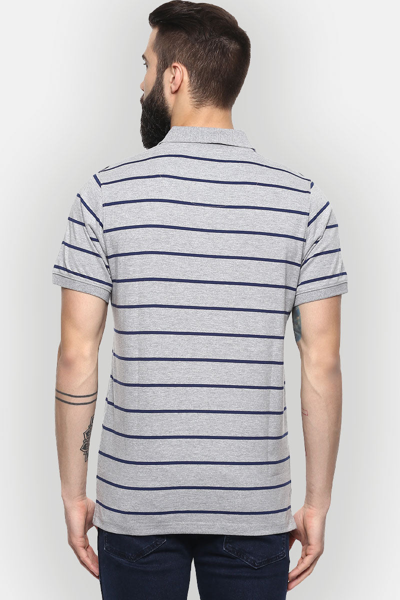 Men's Polo Collar Striped T-Shirt - Grey Melange & Navy Blue