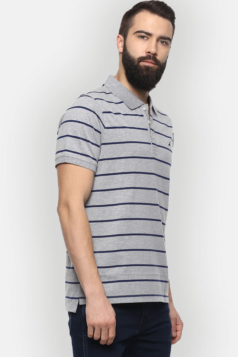 Men's Polo Collar Striped T-Shirt - Grey Melange & Navy Blue
