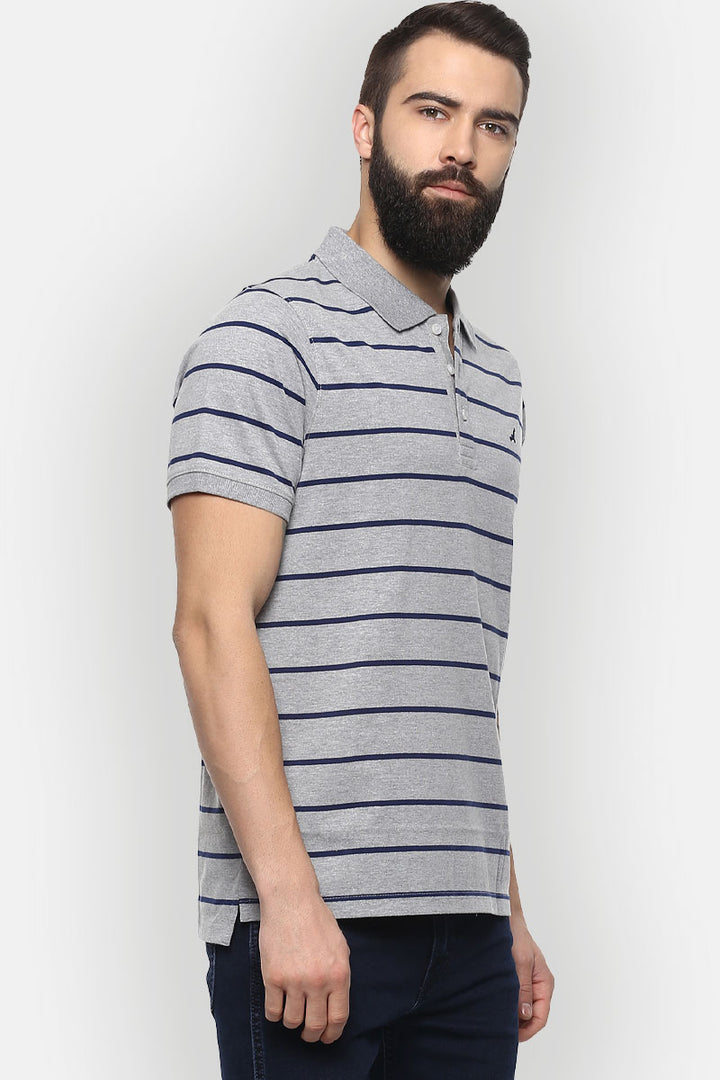 Men's Polo Collar Striped T-Shirt - Grey Melange & Navy Blue