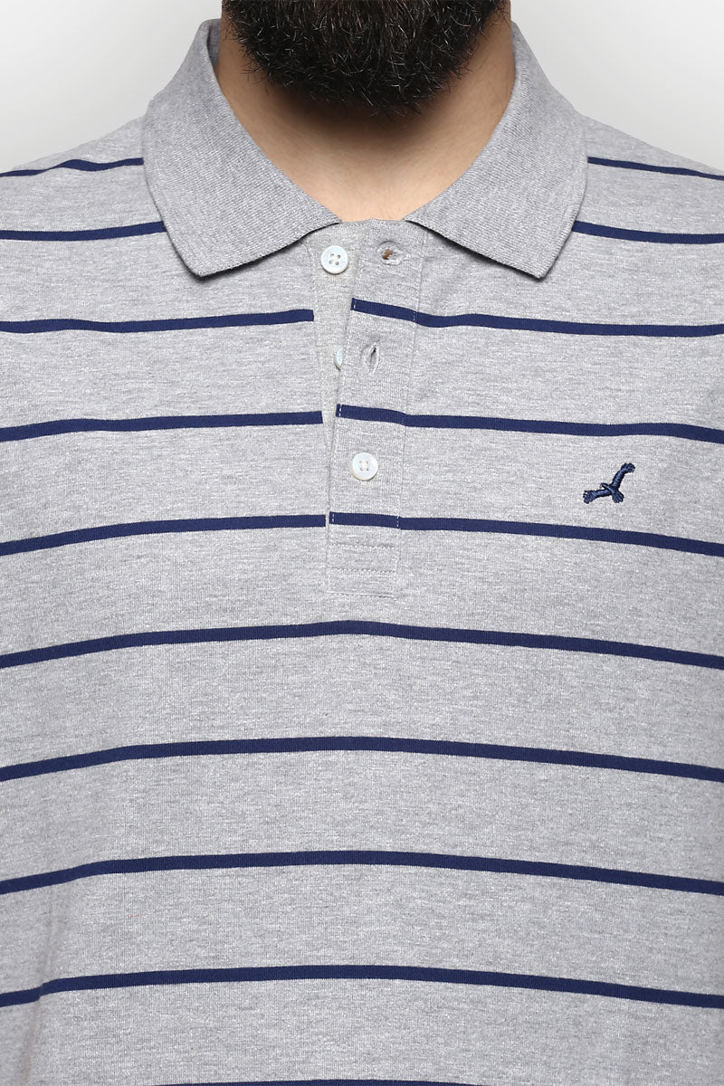 Men's Polo Collar Striped T-Shirt - Grey Melange & Navy Blue