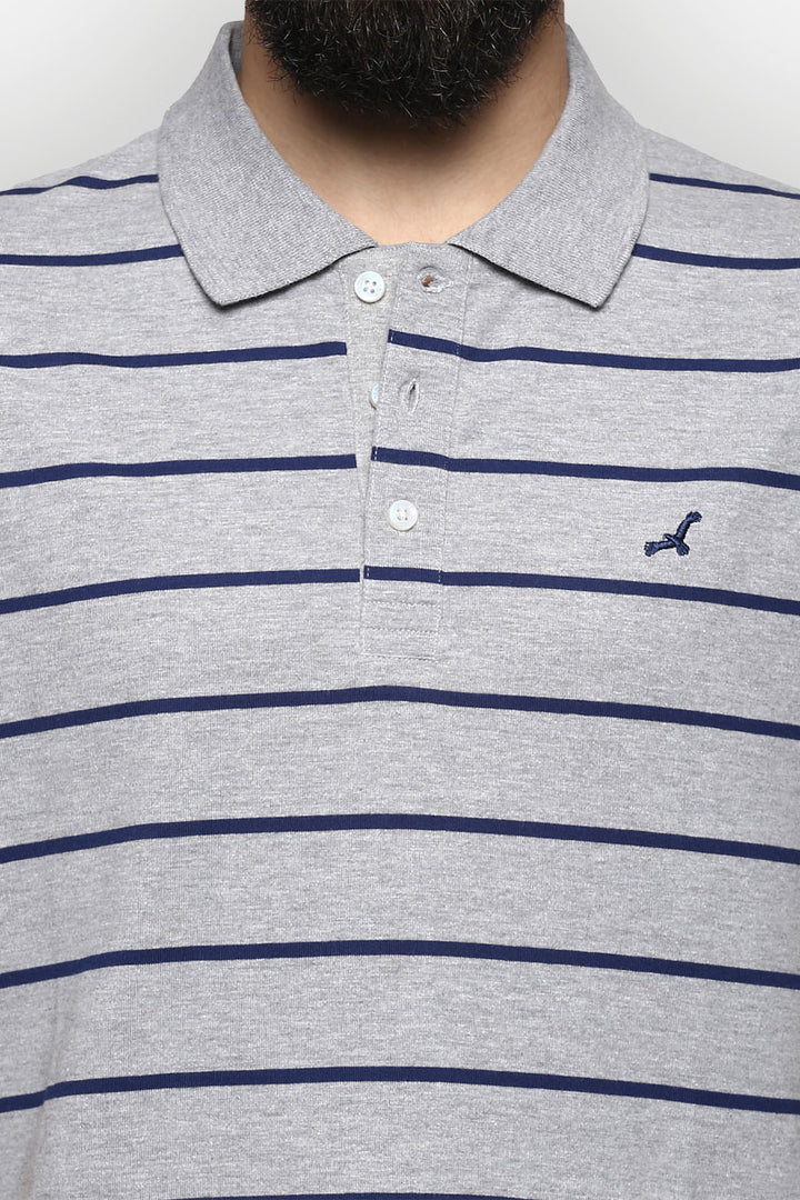 Men's Polo Collar Striped T-Shirt - Grey Melange & Navy Blue