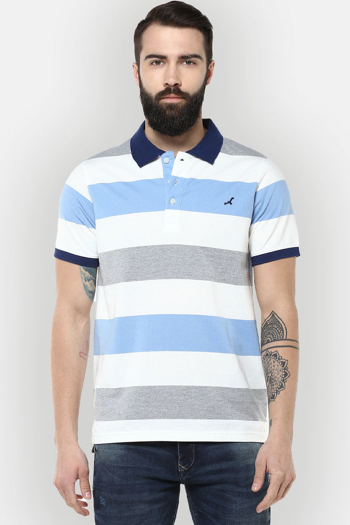 Men's Polo Collar Yarn Dyed Striped T-Shirt - White, Blue, Grey melange
