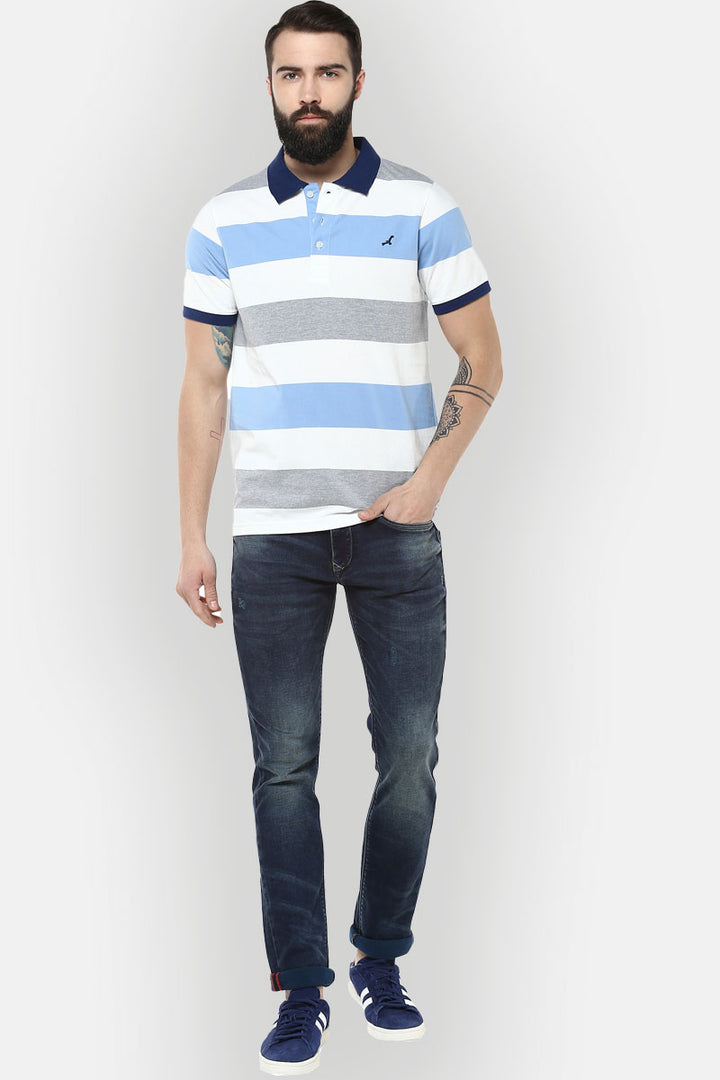 Men's Polo Collar Yarn Dyed Striped T-Shirt - White, Blue, Grey melange