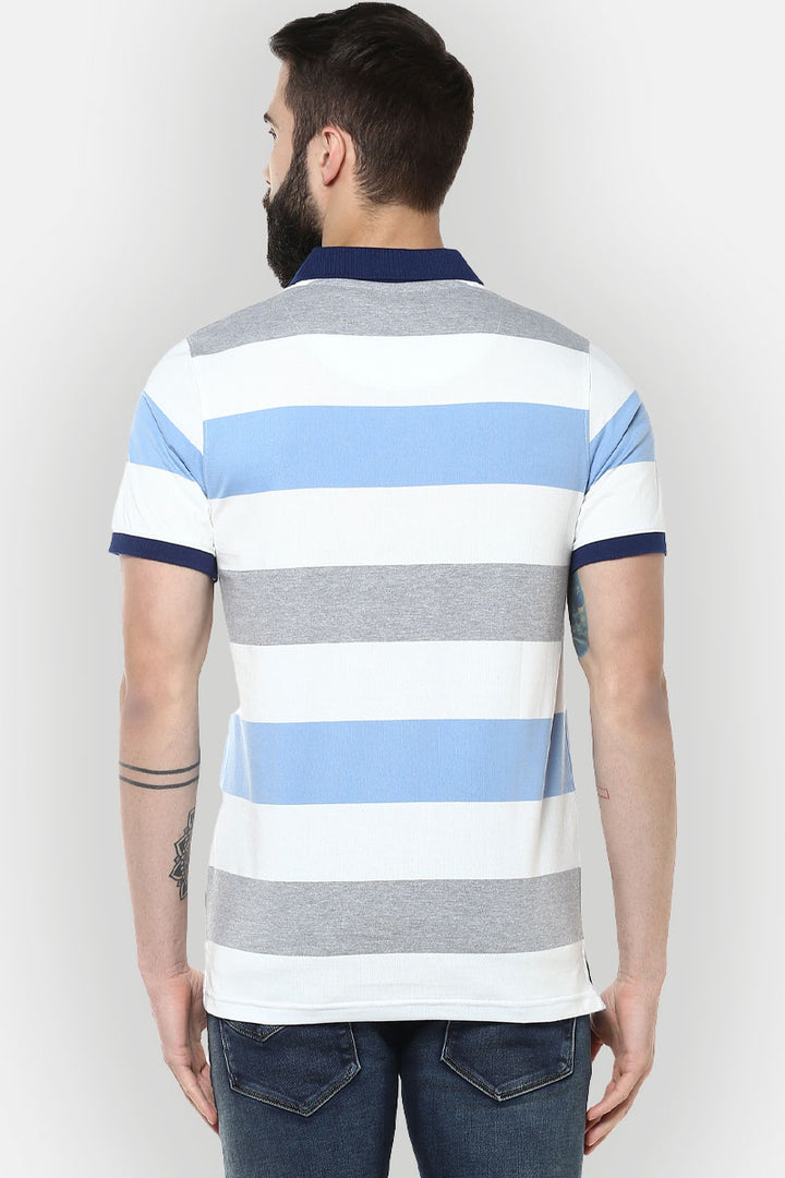 Men's Polo Collar Yarn Dyed Striped T-Shirt - White, Blue, Grey melange
