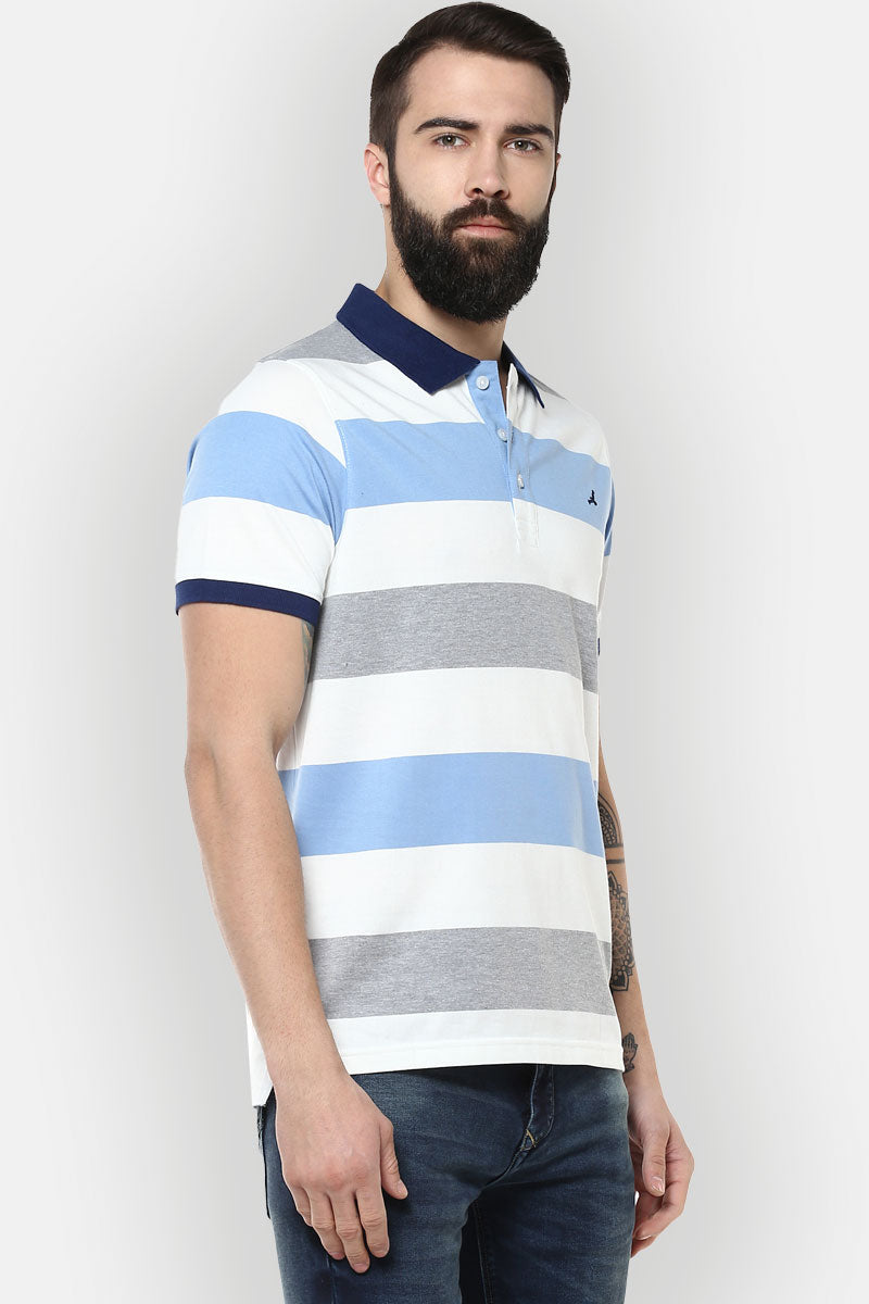 Men's Polo Collar Yarn Dyed Striped T-Shirt - White, Blue, Grey melange