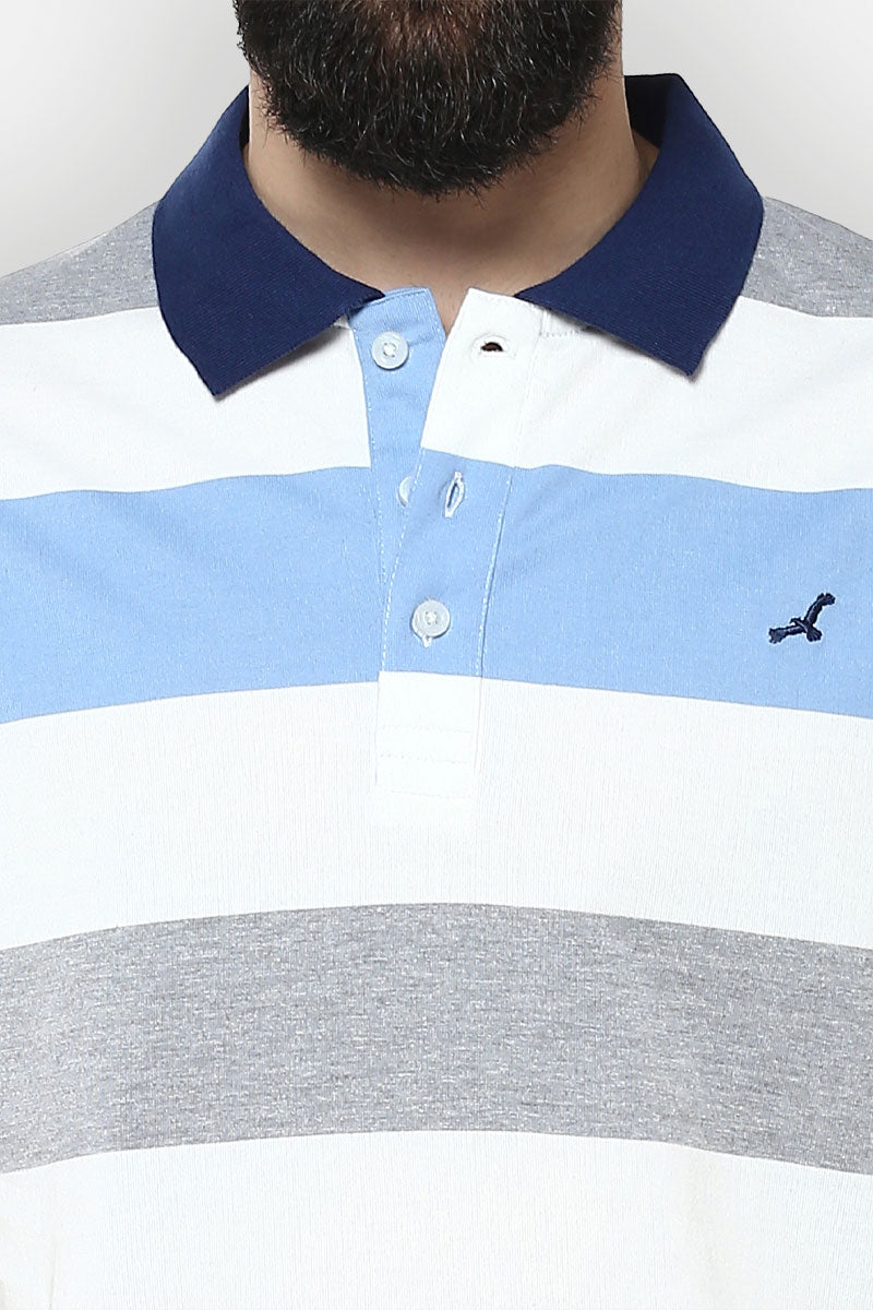 Men's Polo Collar Yarn Dyed Striped T-Shirt - White, Blue, Grey melange