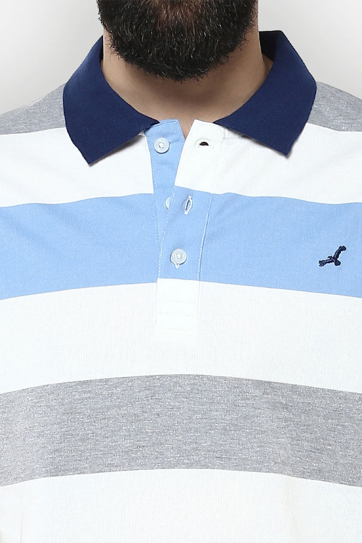 Men's Polo Collar Yarn Dyed Striped T-Shirt - White, Blue, Grey melange