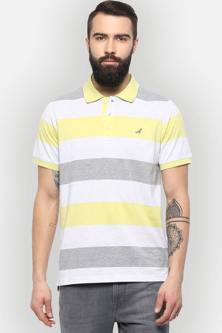 Men's Polo Collar Yarn Dyed Striped T-Shirt - Daiquiri Green & Grey Melange