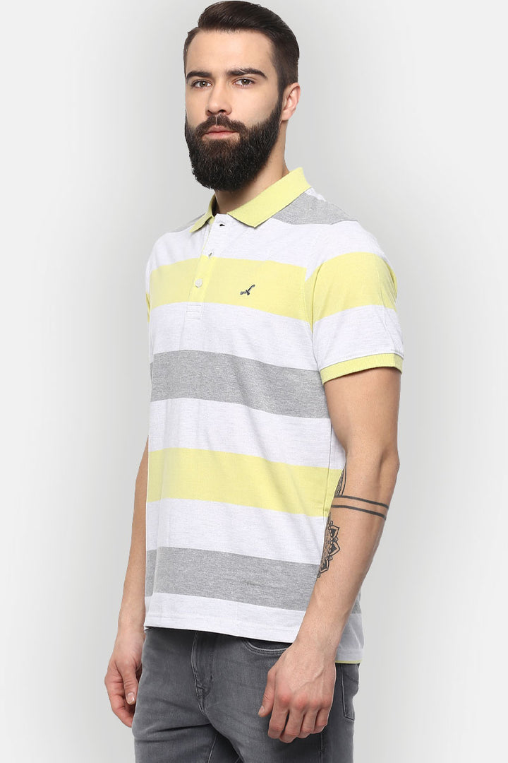 Men's Polo Collar Yarn Dyed Striped T-Shirt - Daiquiri Green & Grey Melange