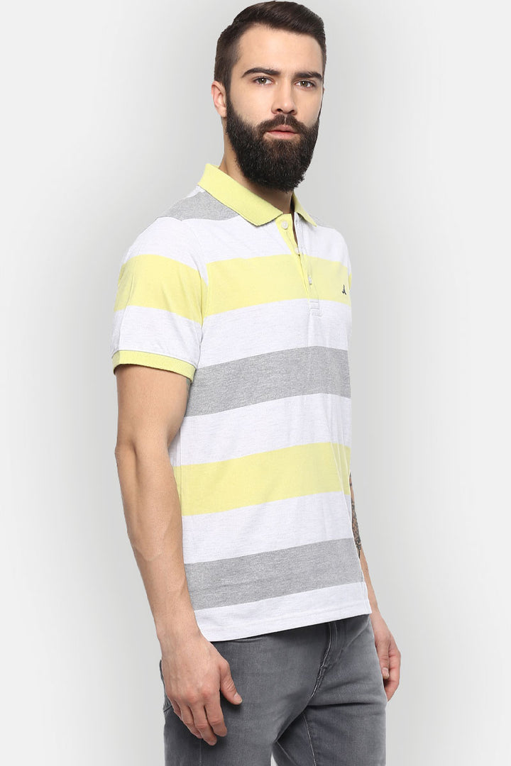 Men's Polo Collar Yarn Dyed Striped T-Shirt - Daiquiri Green & Grey Melange