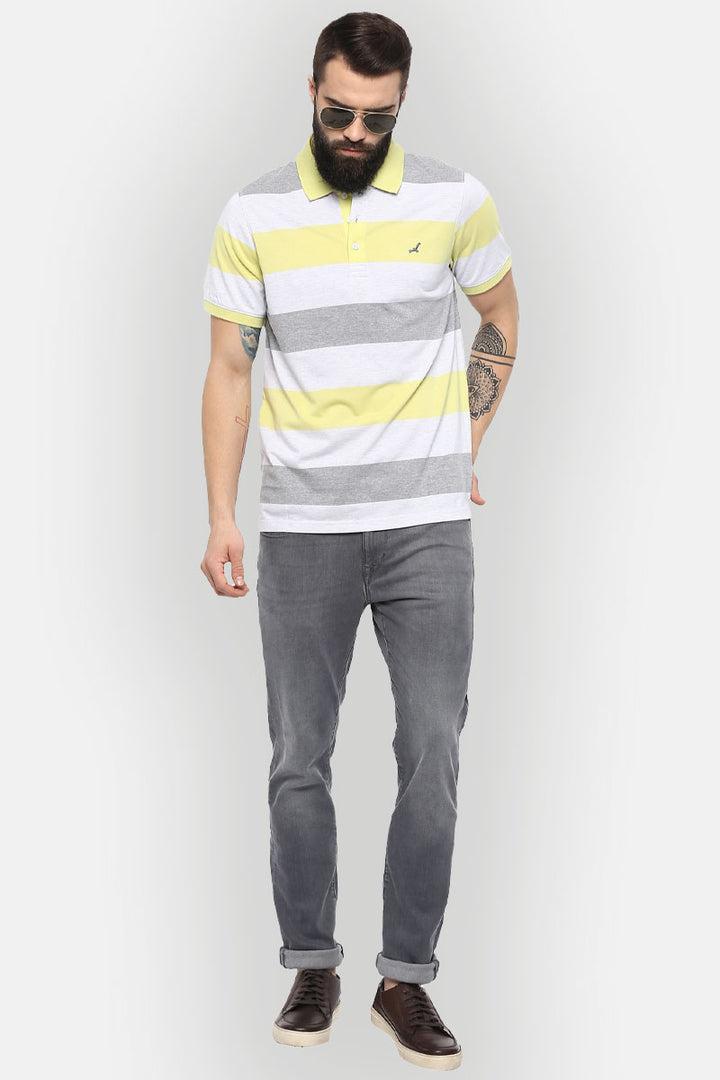 Men's Polo Collar Yarn Dyed Striped T-Shirt - Daiquiri Green & Grey Melange