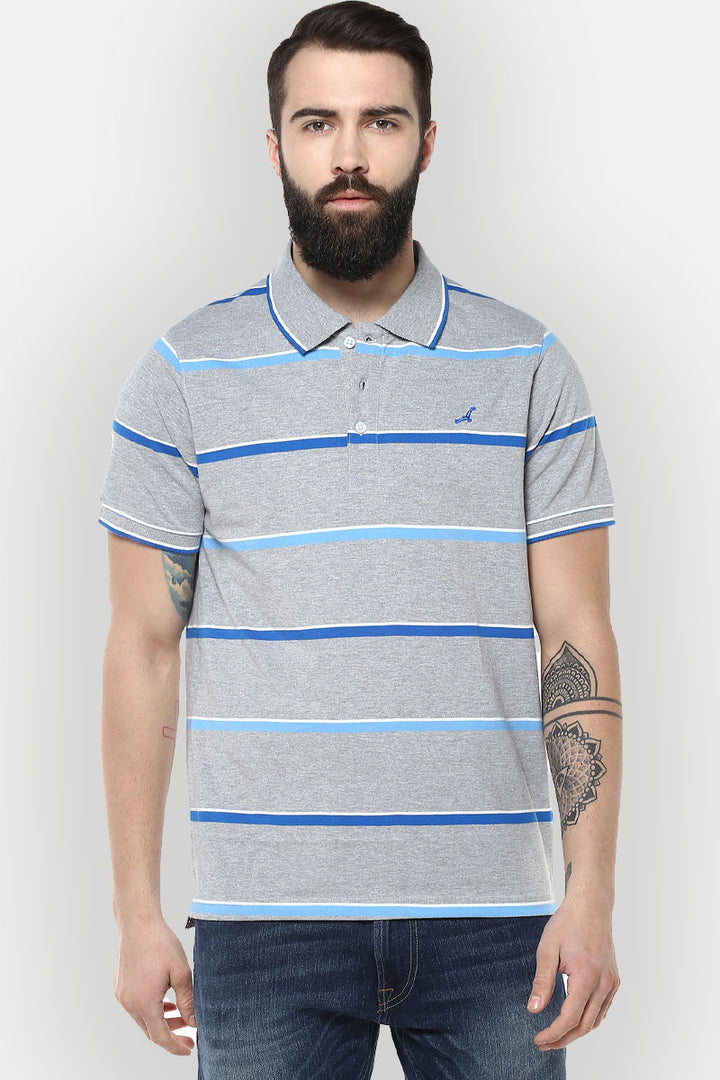 Men's Polo Collar T-Shirt - Grey Melange, Royal Blue, White & Blue