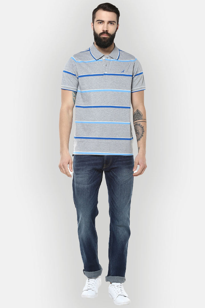 Men's Polo Collar T-Shirt - Grey Melange, Royal Blue, White & Blue