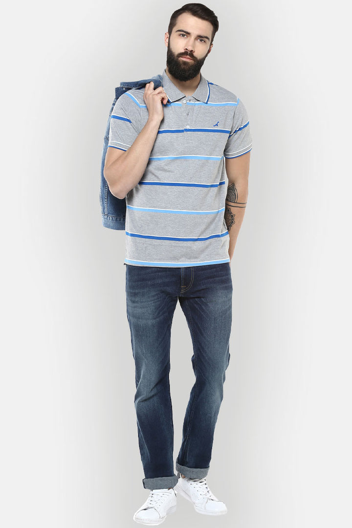 Men's Polo Collar T-Shirt - Grey Melange, Royal Blue, White & Blue