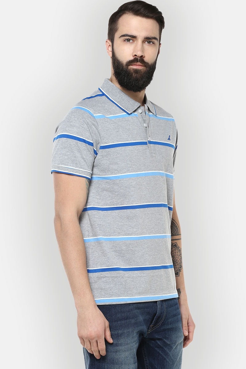 Men's Polo Collar T-Shirt - Grey Melange, Royal Blue, White & Blue