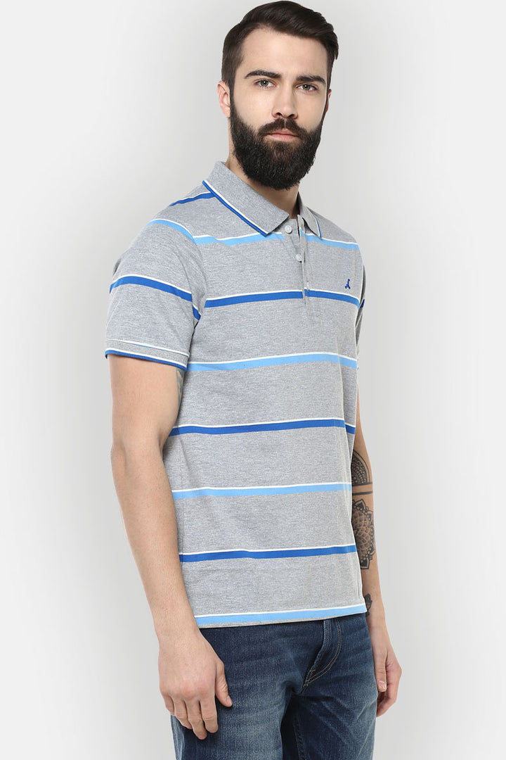 Men's Polo Collar T-Shirt - Grey Melange, Royal Blue, White & Blue