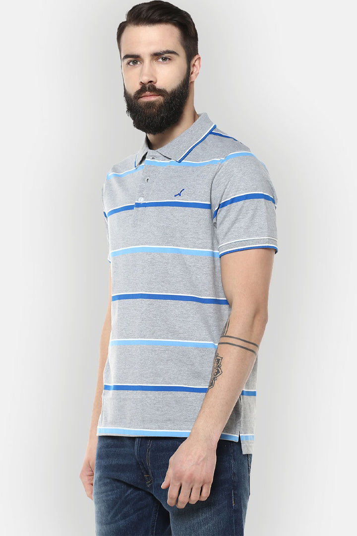 Men's Polo Collar T-Shirt - Grey Melange, Royal Blue, White & Blue