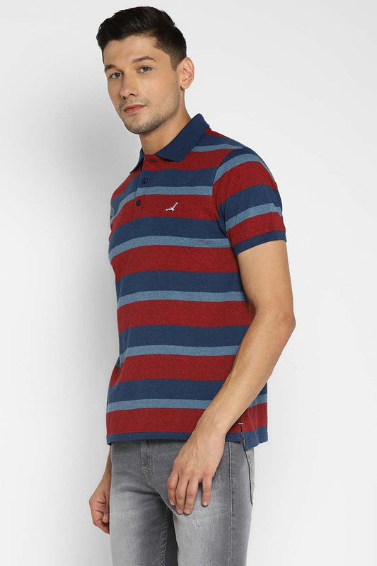 Premium Basics 100% Cotton Men's Polo Yarn Dyed Striped T-Shirt - Wine & Blue