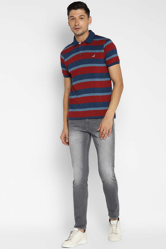 Premium Basics 100% Cotton Men's Polo Yarn Dyed Striped T-Shirt - Wine & Blue