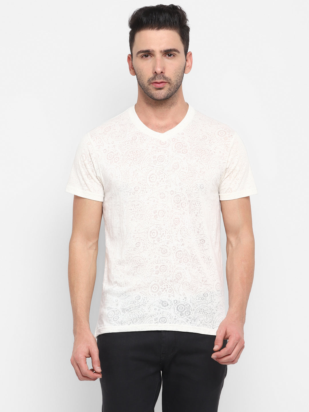 V-Neck T-Shirt for Men Burntout Fabric - Off White