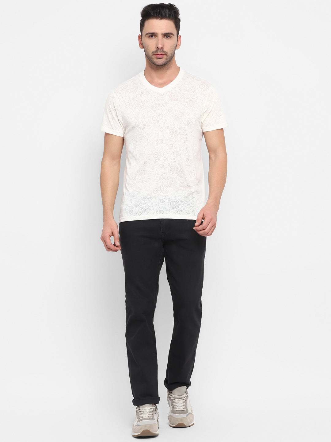 V-Neck T-Shirt for Men Burntout Fabric - Off White